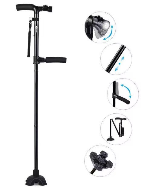 Compacte wandelstok met verlichting, sta-op steun en opvouwbaar.